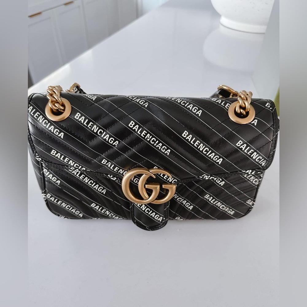 AUTHENTIC GUCCI X BALENCIAGA Calfskin Matelasse Logo Print Small GG Marmont Bag